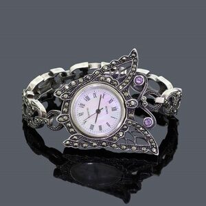 Vintage sterling silver marcasite amethyst butterfly watch